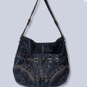 Rare $368 Cole Haan Grommet Hobo Tassel Embellished Leather Hobo Purse Bag